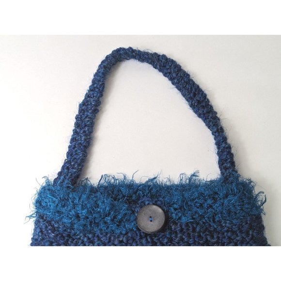 Vintage  Crochet Knitted‎  Blue Shoulder Bag Handmade Button One Strap - Picture 2 of 7